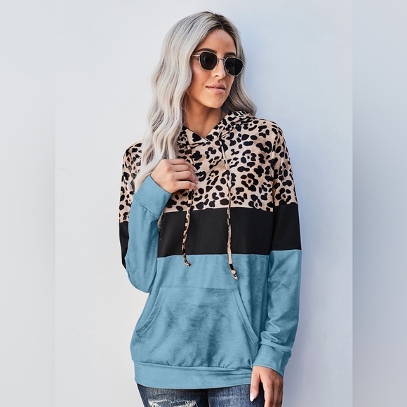 Leopard Print Hoodie - Contrast Color Block - Drawstring - Kangaroo Pockets - Picture 2 of 4